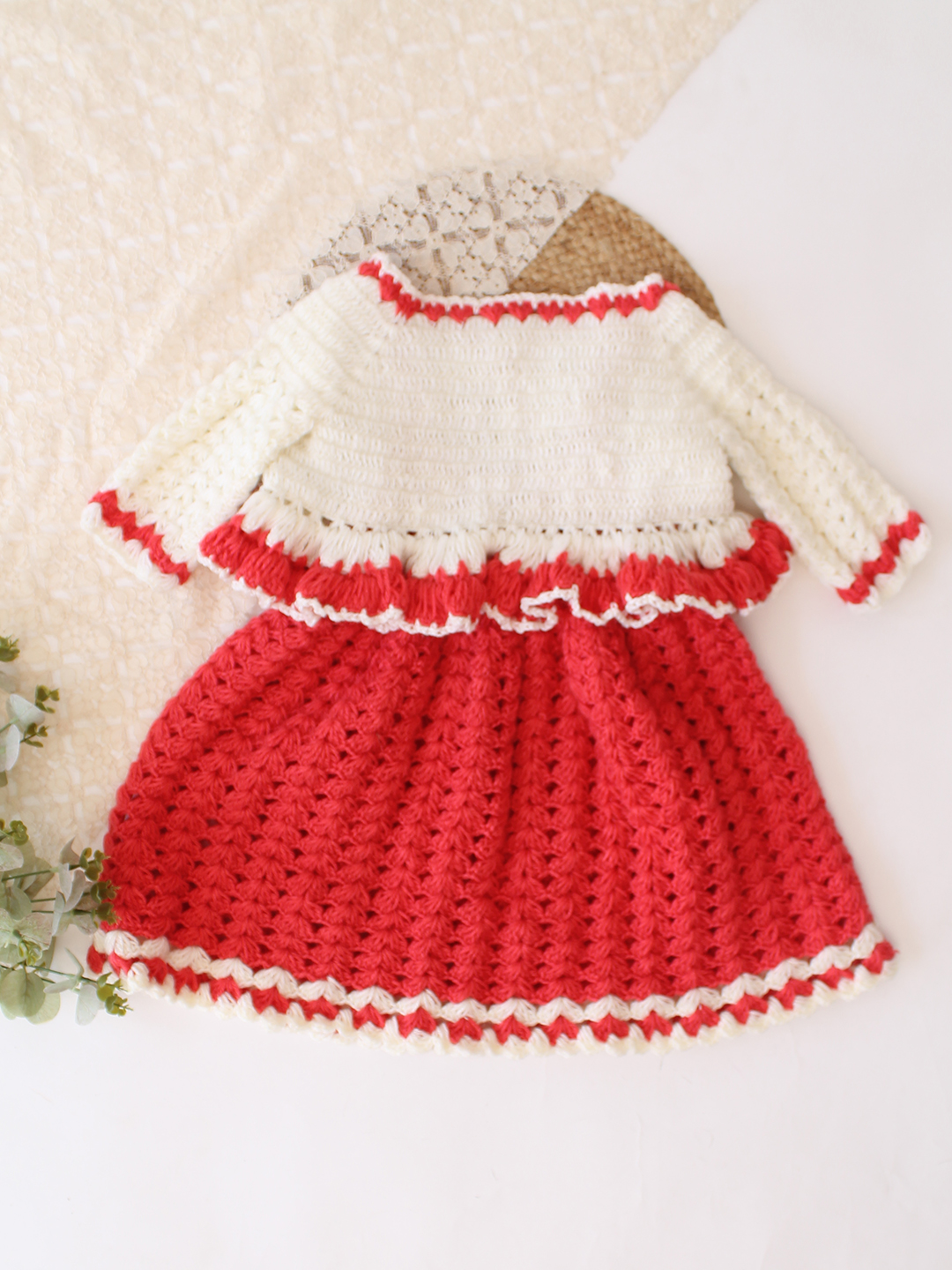 Woonie Crochet Floral Applique Frock with Matching Shrug - Coral Red