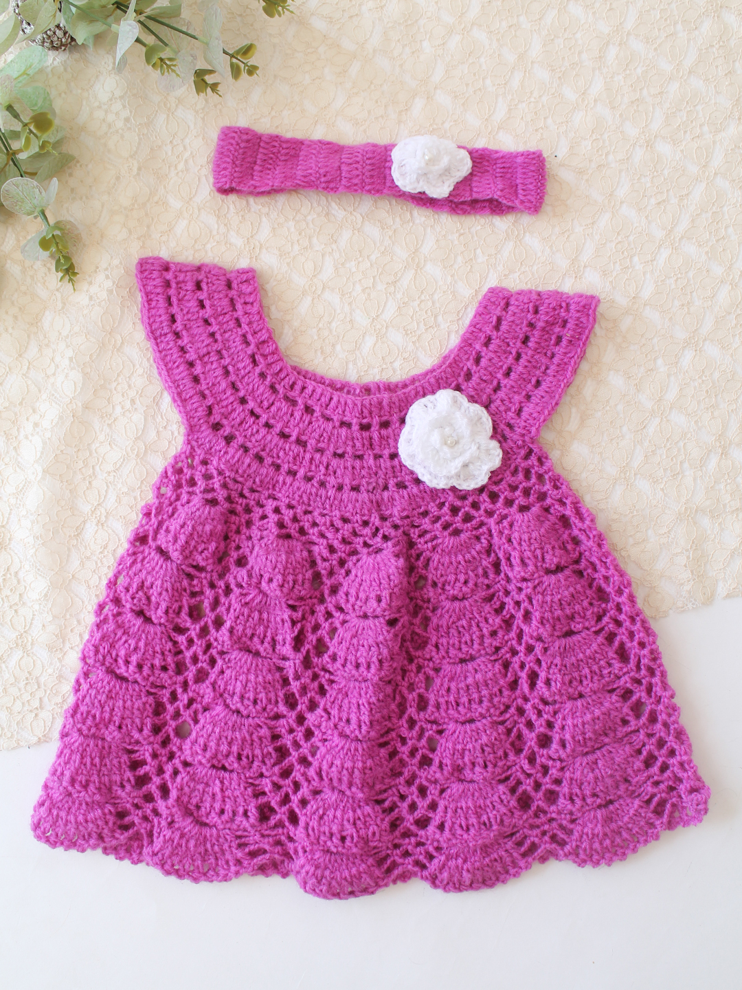 Woonie Crochet Floral Applique Frock with Matching Headband - Purple