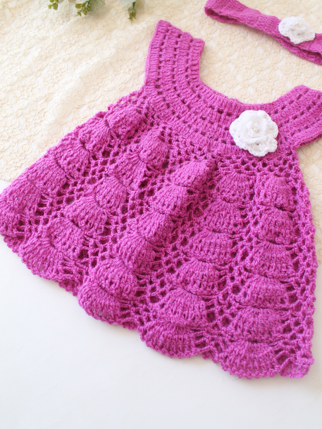 Woonie Crochet Floral Applique Frock with Matching Headband - Purple