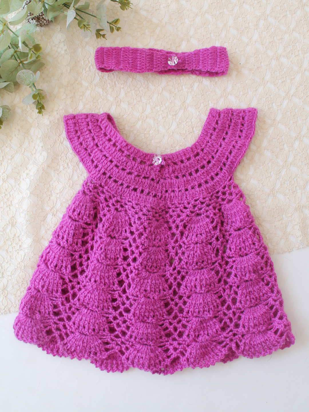 Woonie Crochet Floral Applique Frock with Matching Headband - Purple