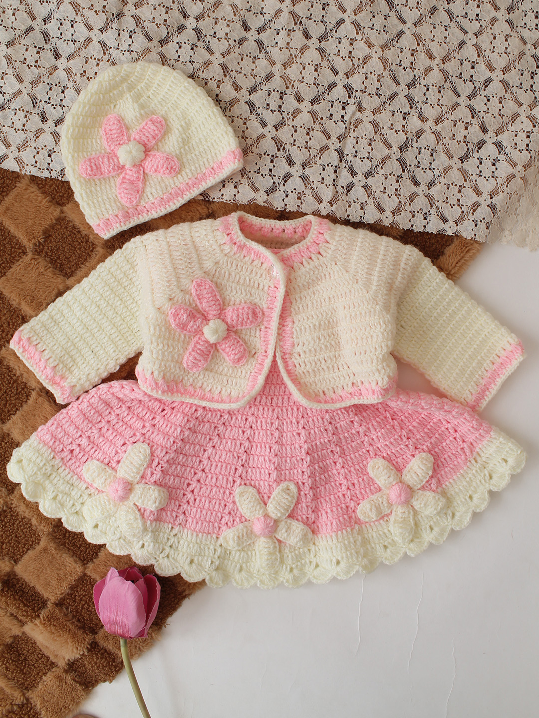 Handmade Crochet Baby Winter Frock Warm Wool Dress for Girls