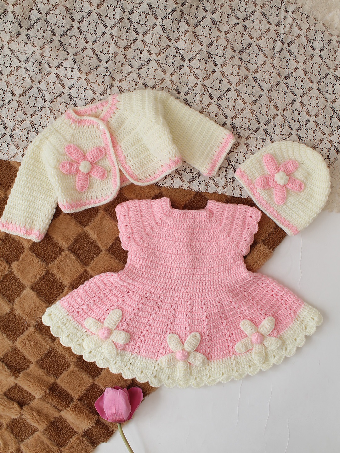 Handmade Crochet Baby Winter Frock Warm Wool Dress for Girls