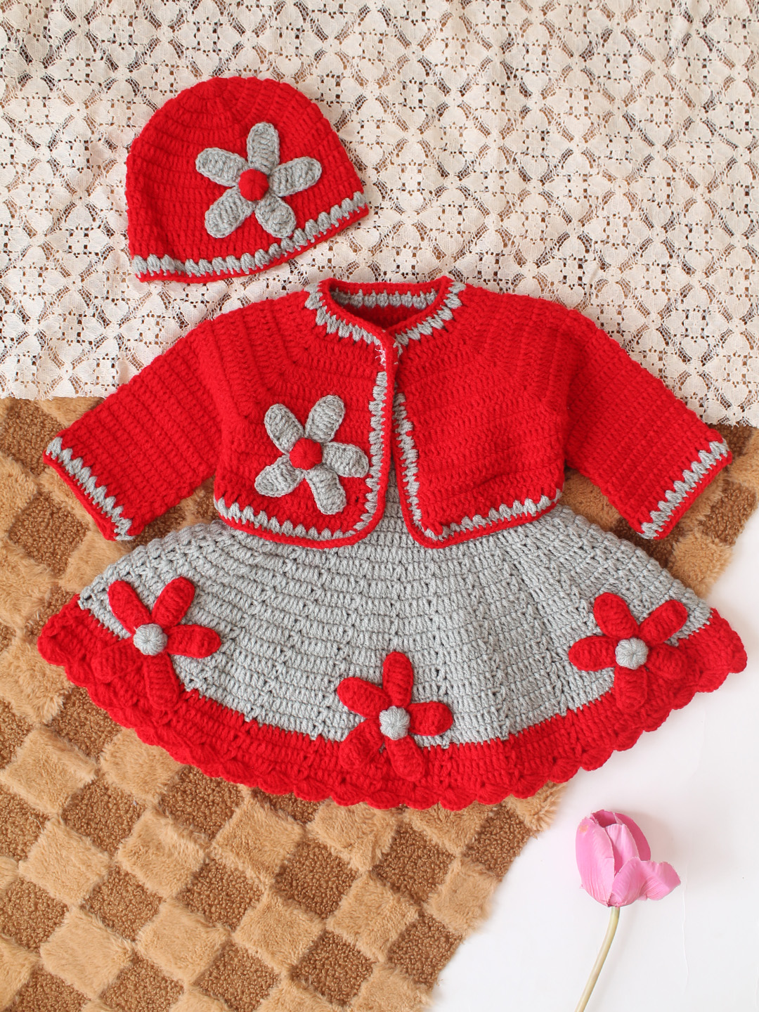 Woonie Crochet Floral Applique Frock with Matching Shrug and Cap - Light Grey