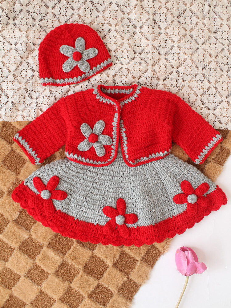Image of Woonie Crochet Floral Applique Frock with Matching Shrug and Cap - Light Grey