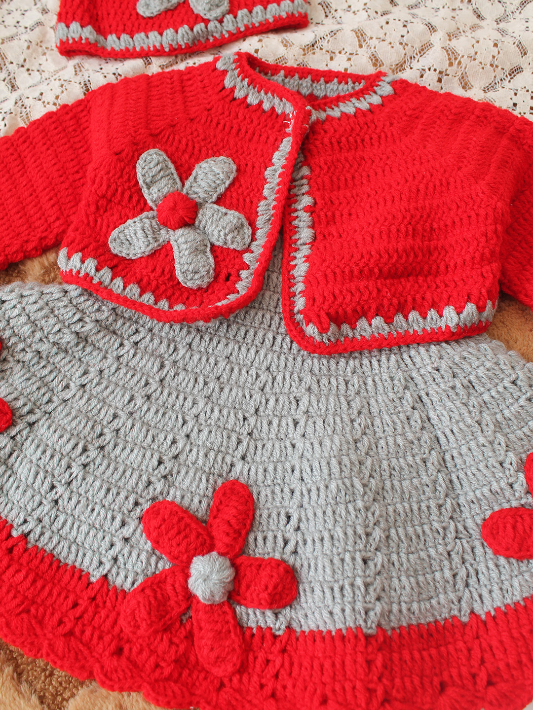 Woonie Crochet Floral Applique Frock with Matching Shrug and Cap - Light Grey
