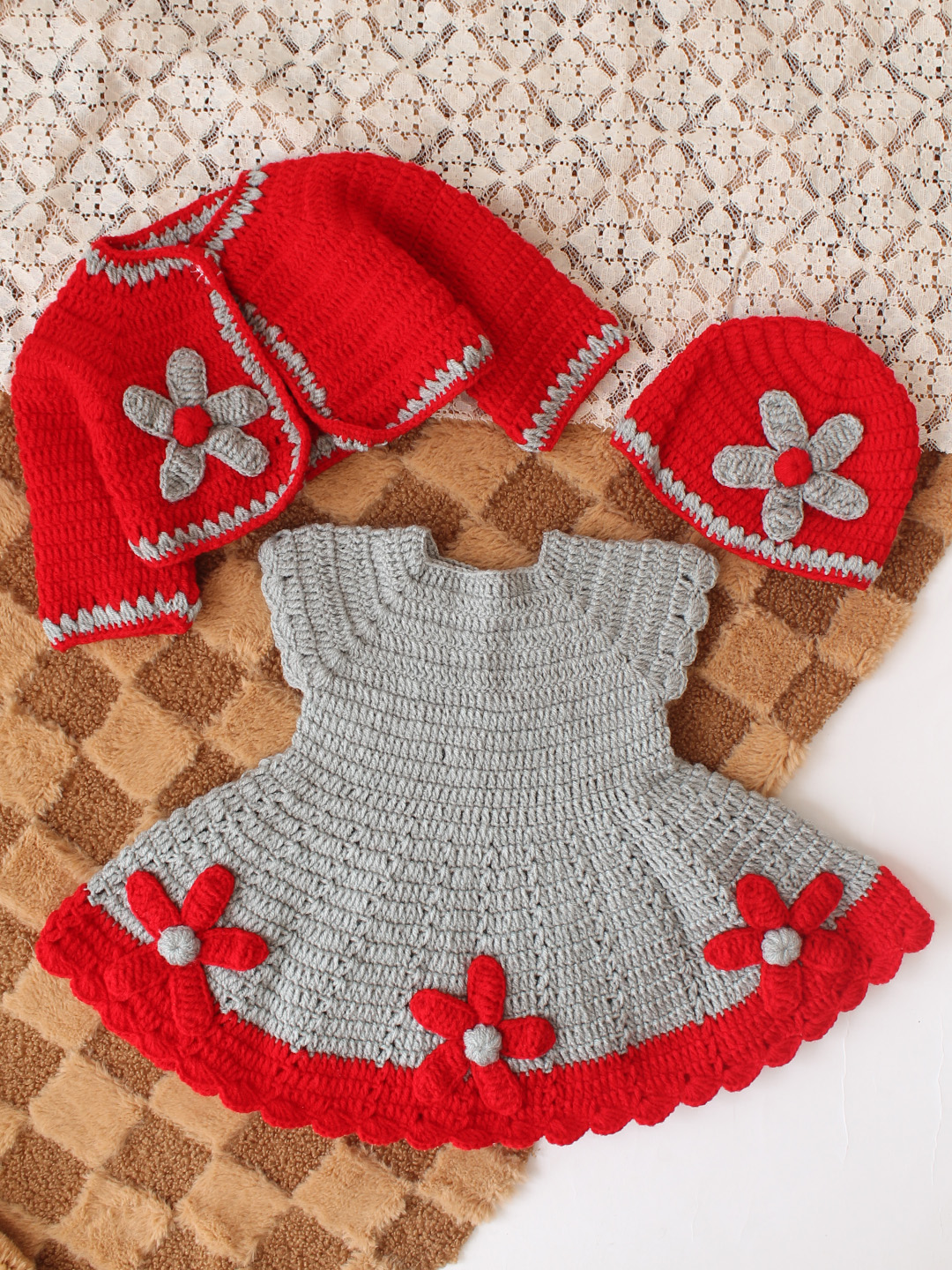 Woonie Crochet Floral Applique Frock with Matching Shrug and Cap - Light Grey