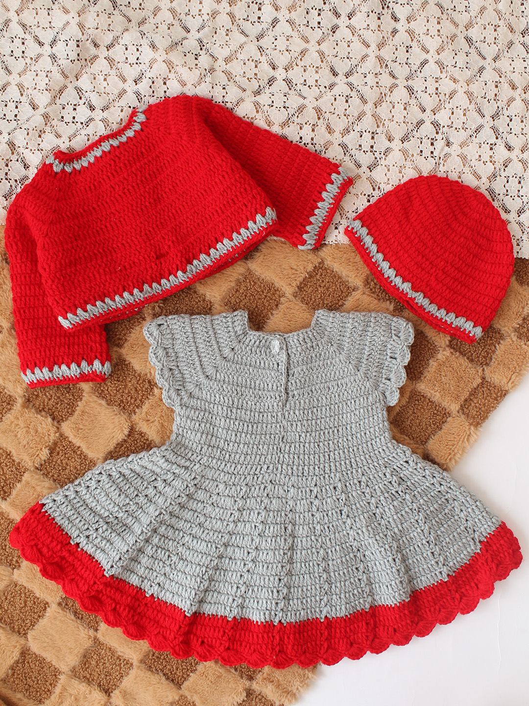 Woonie Crochet Floral Applique Frock with Matching Shrug and Cap - Light Grey
