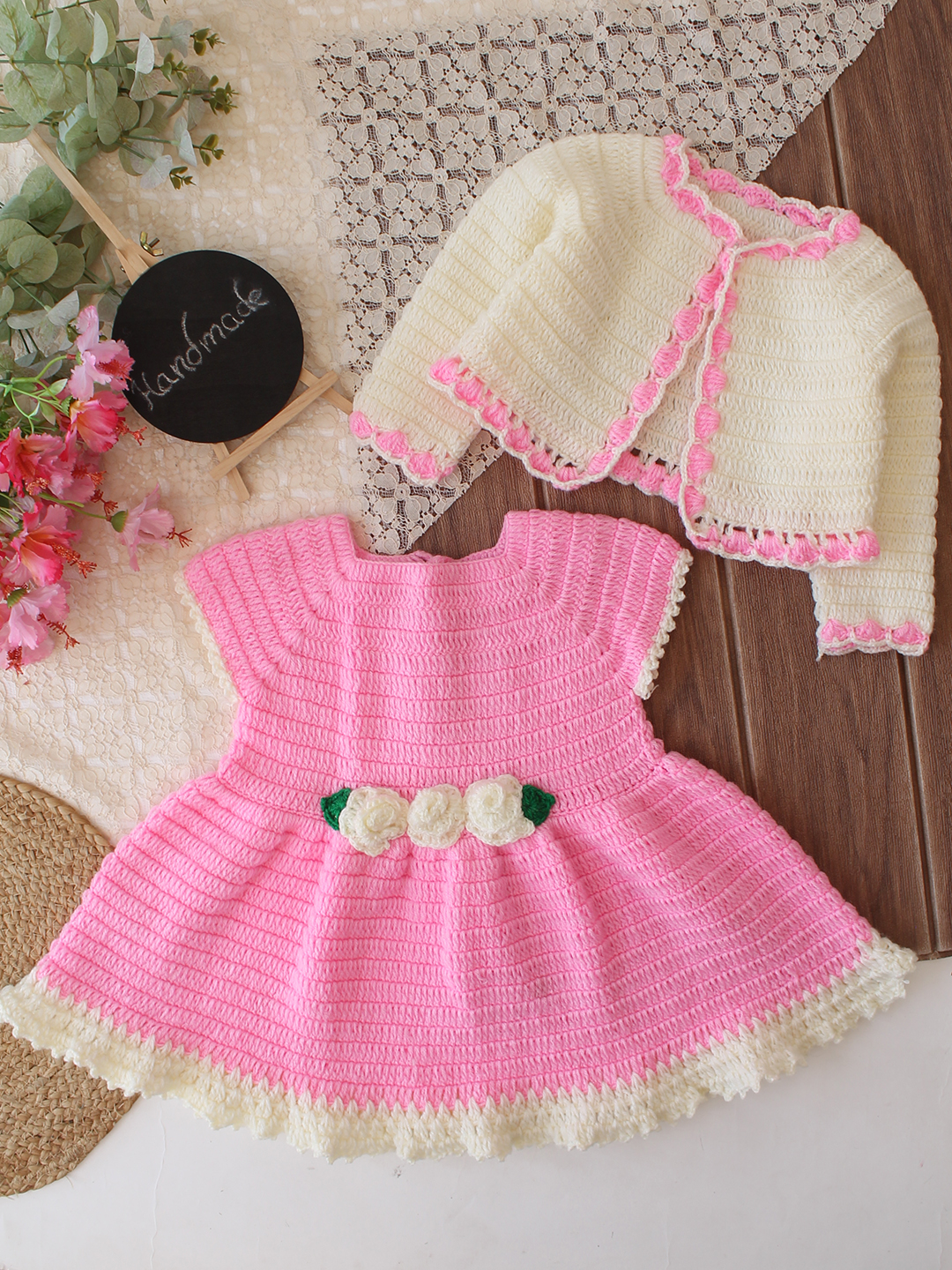Woonie Crochet Floral Applique Frock with Matching Shrug - Pink