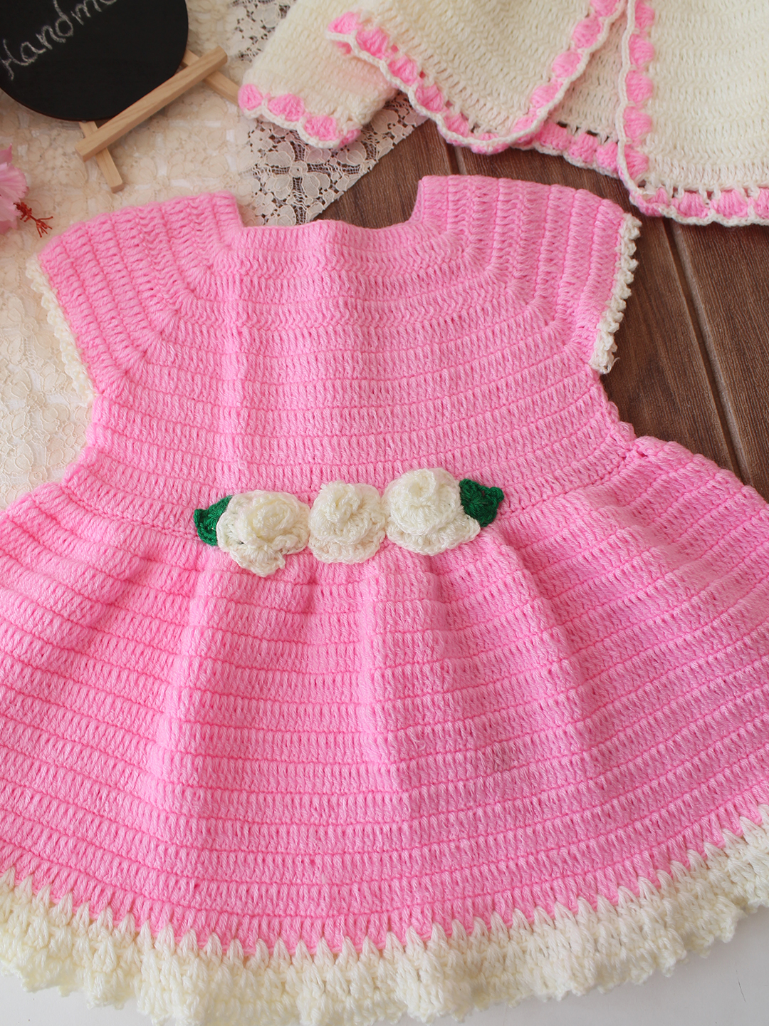 Woonie Crochet Floral Applique Frock with Matching Shrug - Pink