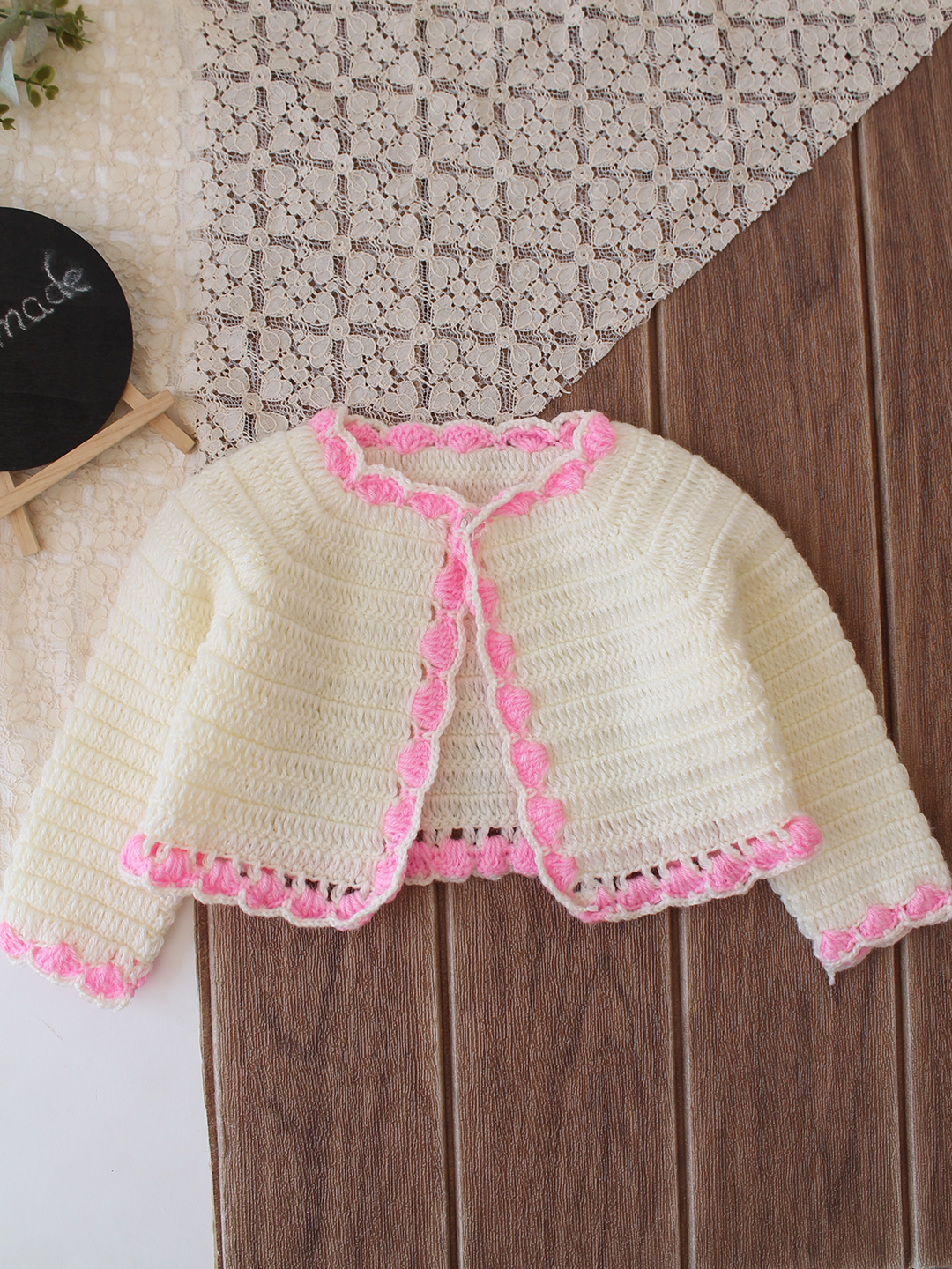 Woonie Crochet Floral Applique Frock with Matching Shrug - Pink