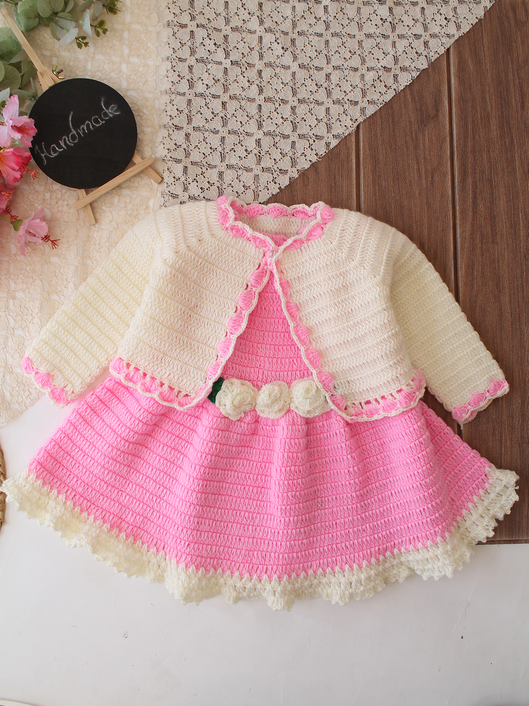Woonie Crochet Floral Applique Frock with Matching Shrug - Pink