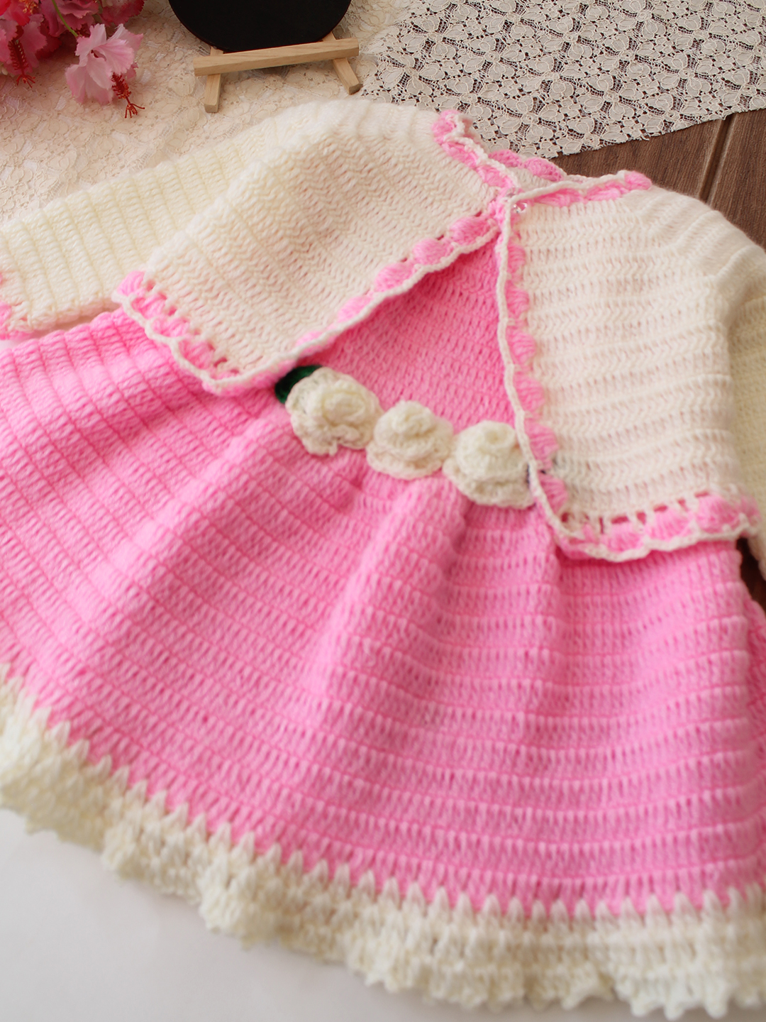 Woonie Crochet Floral Applique Frock with Matching Shrug - Pink