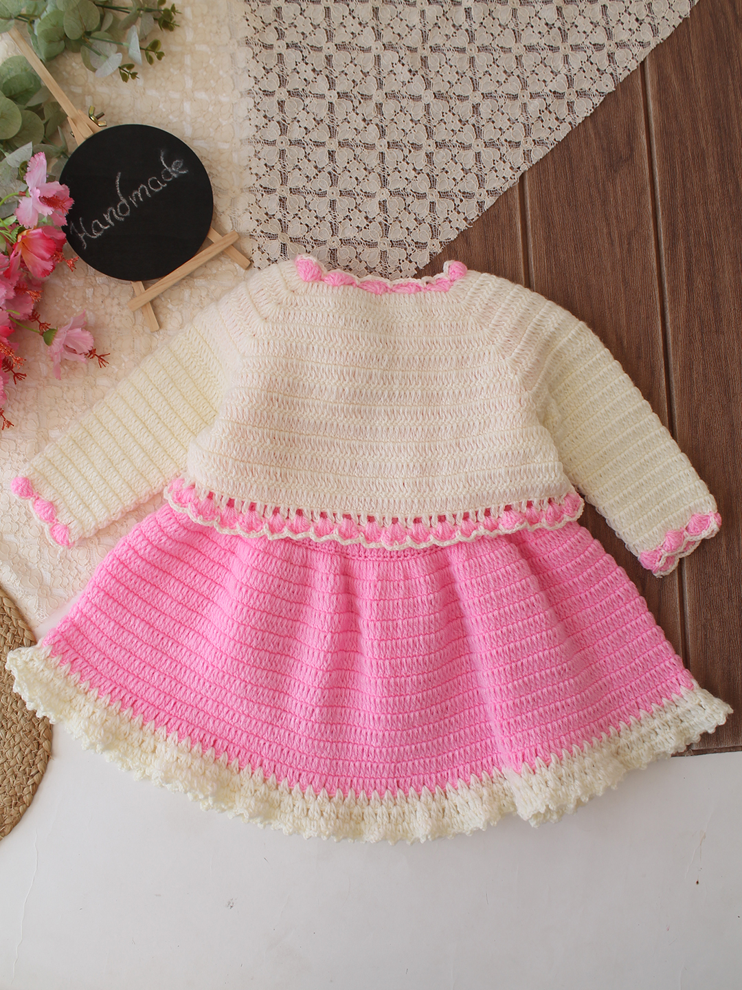 Woonie Crochet Floral Applique Frock with Matching Shrug - Pink
