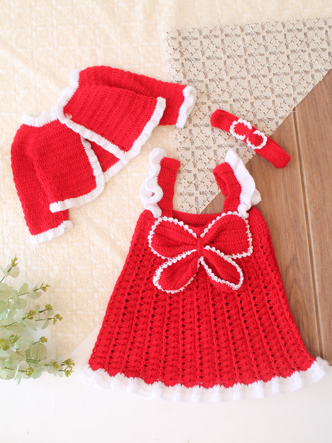 Woonie Crochet Bow Detailed Frock with Matching Shrug and Headband - Red