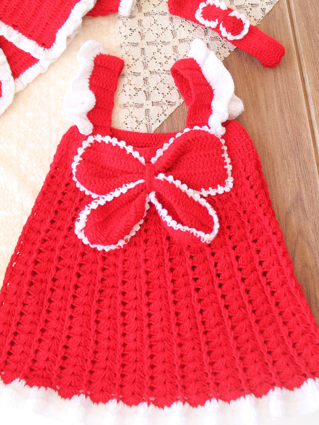 Woonie Crochet Bow Detailed Frock with Matching Shrug and Headband - Red