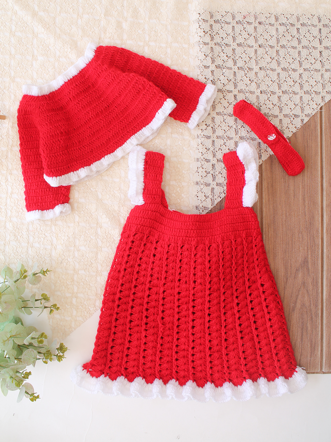 Woonie Crochet Bow Detailed Frock with Matching Shrug and Headband - Red
