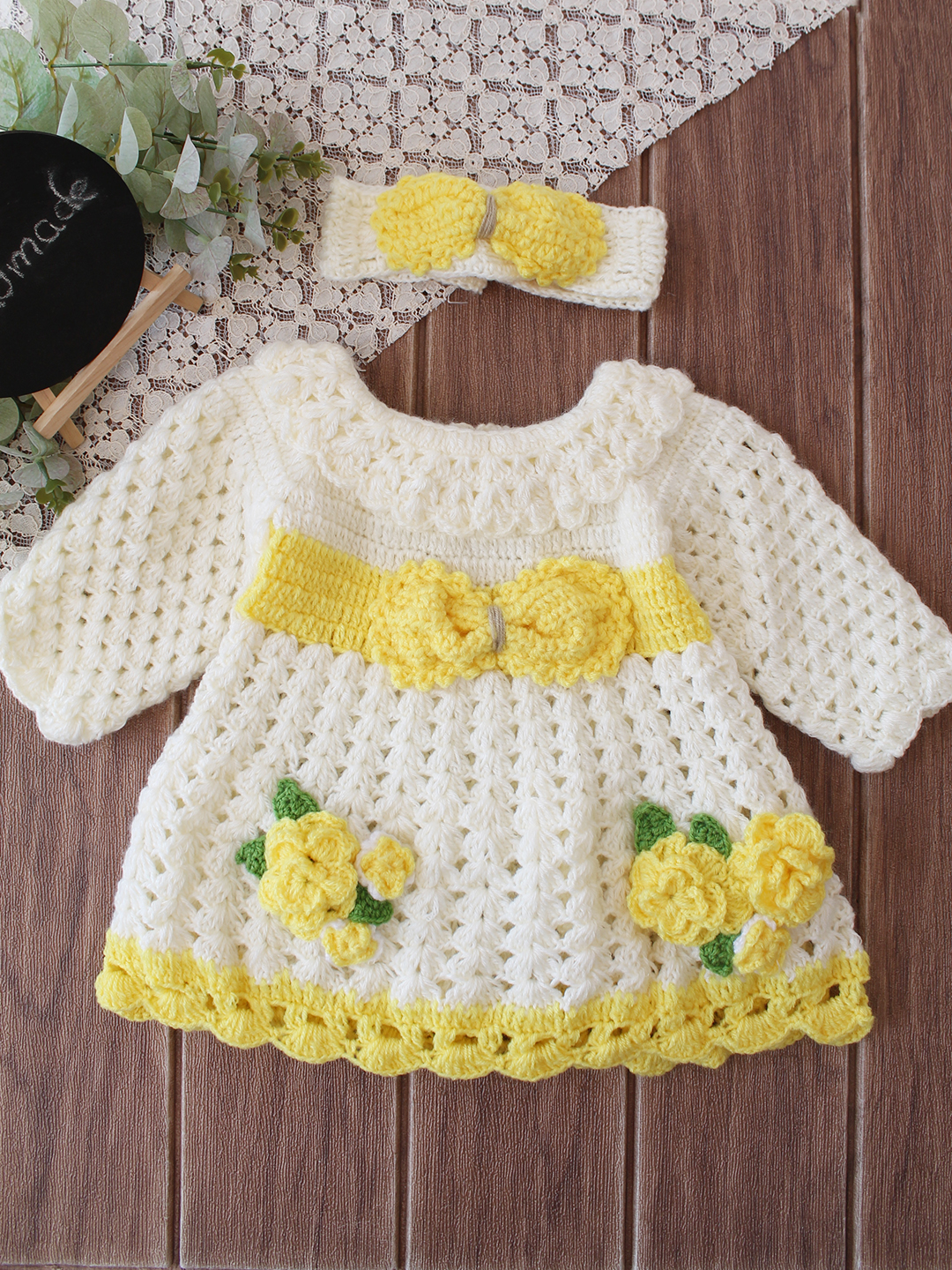 Woonie Crochet Floral Applique & Bow Detailed Frock with Matching Headband - Cream