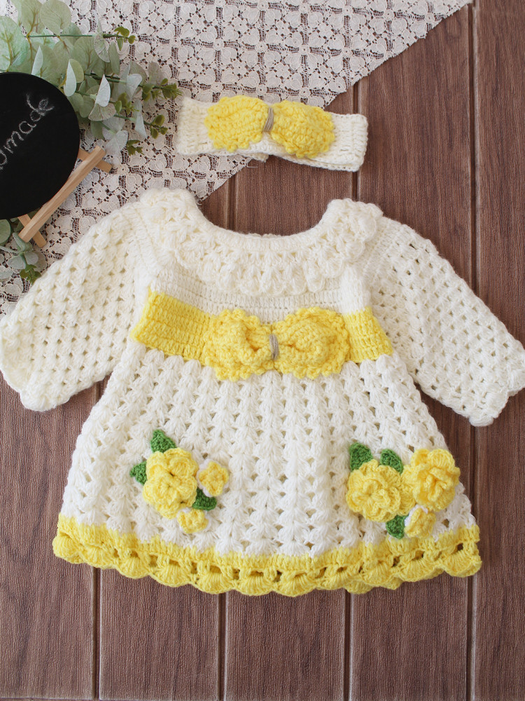 Image of Woonie Crochet Floral Applique &amp; Bow Detailed Frock with Matching Headband - Cream