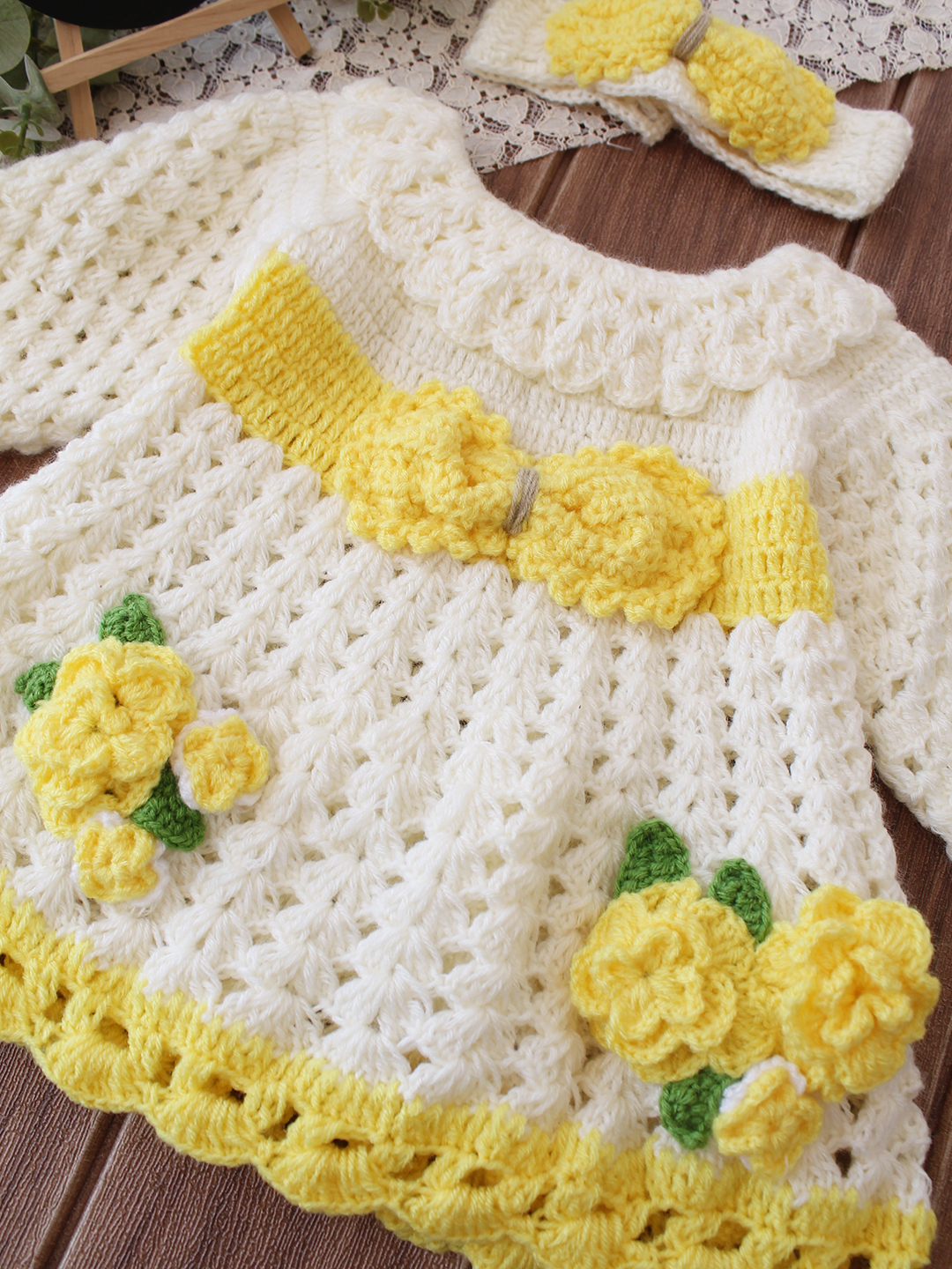 Woonie Crochet Floral Applique & Bow Detailed Frock with Matching Headband - Cream