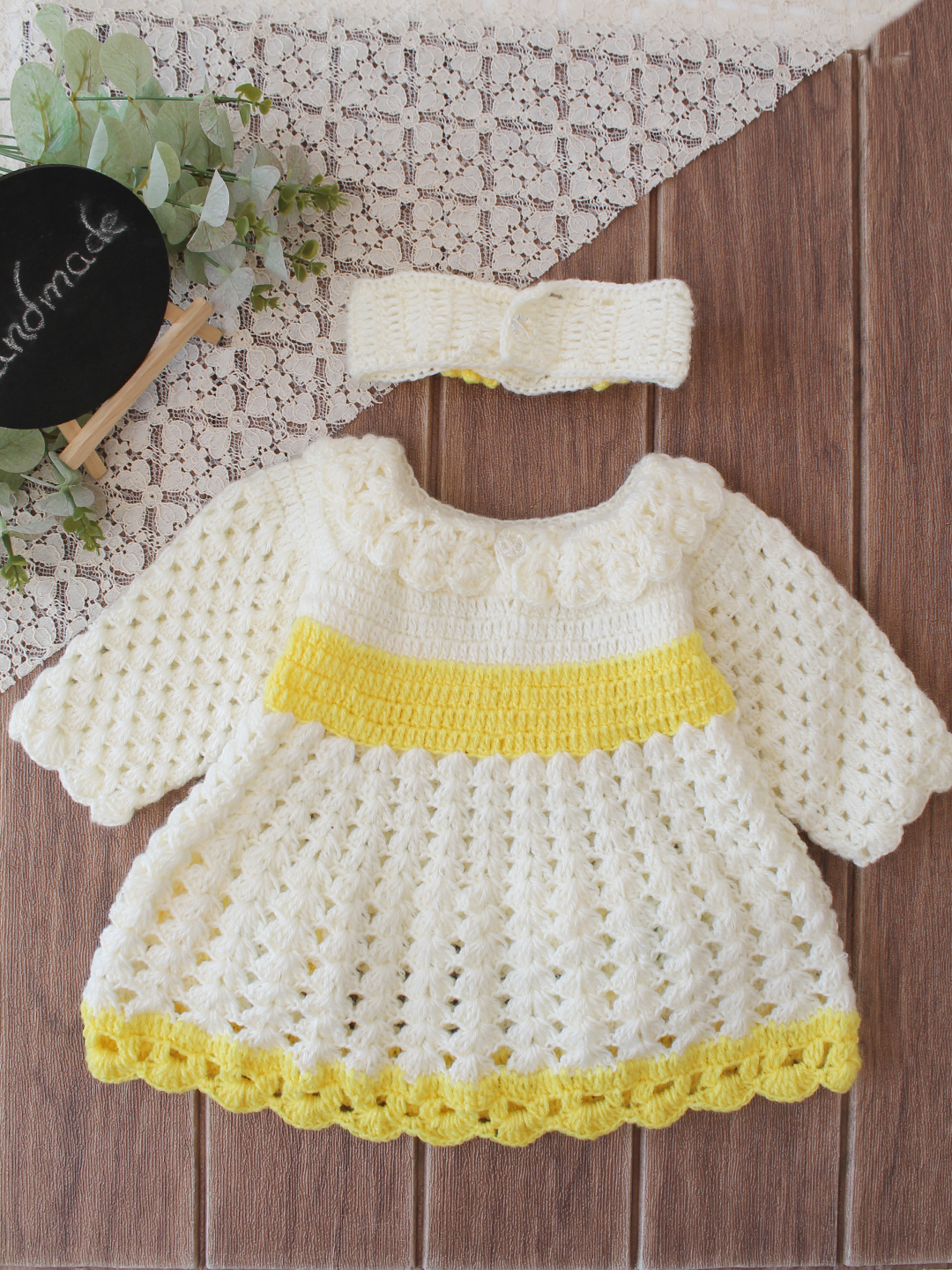 Woonie Crochet Floral Applique & Bow Detailed Frock with Matching Headband - Cream