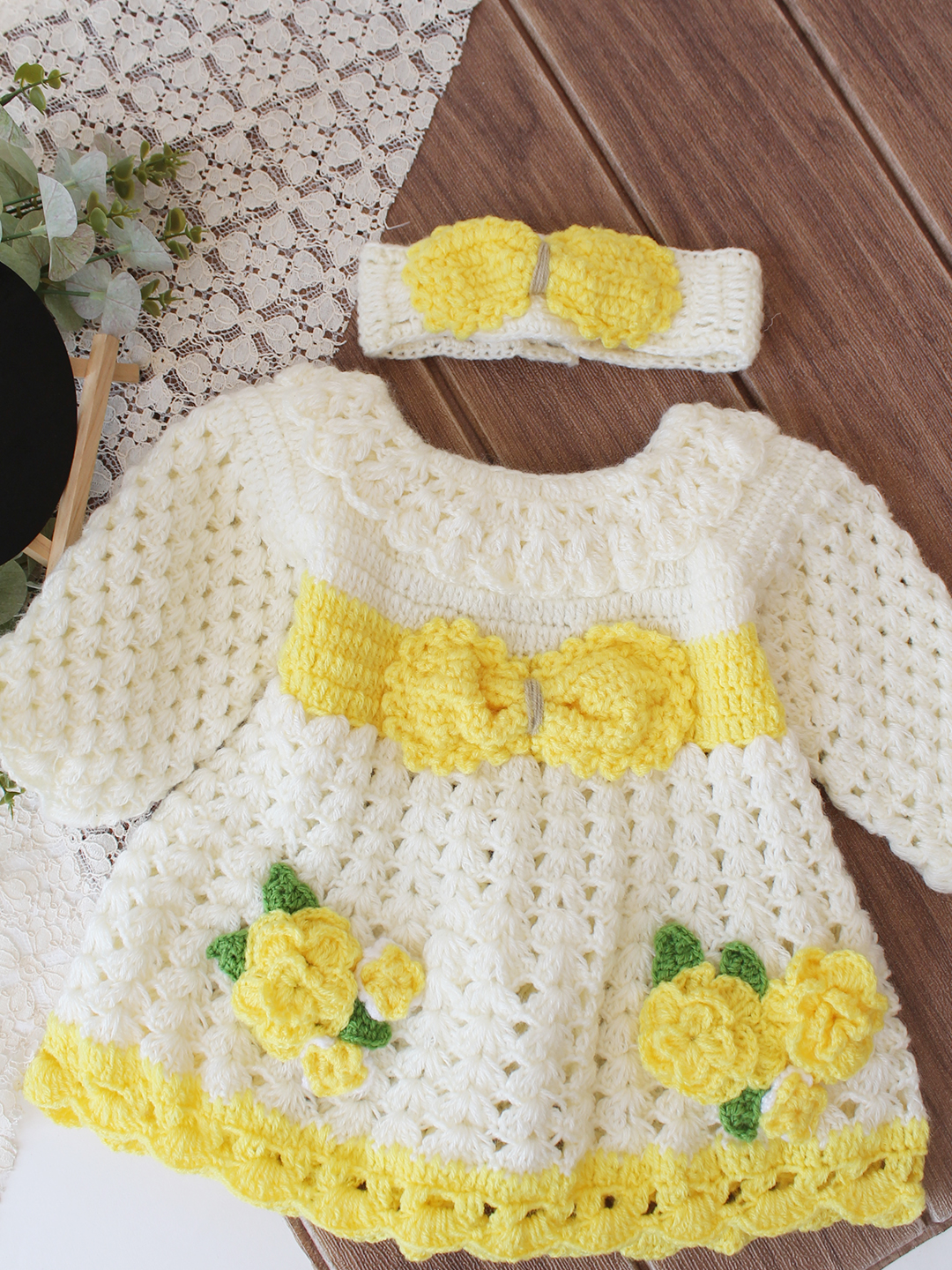 Woonie Crochet Floral Applique & Bow Detailed Frock with Matching Headband - Cream
