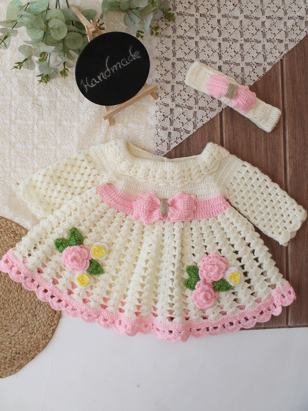 Woonie Crochet Floral Applique & Bow Detailed Frock with Matching Headband - Cream