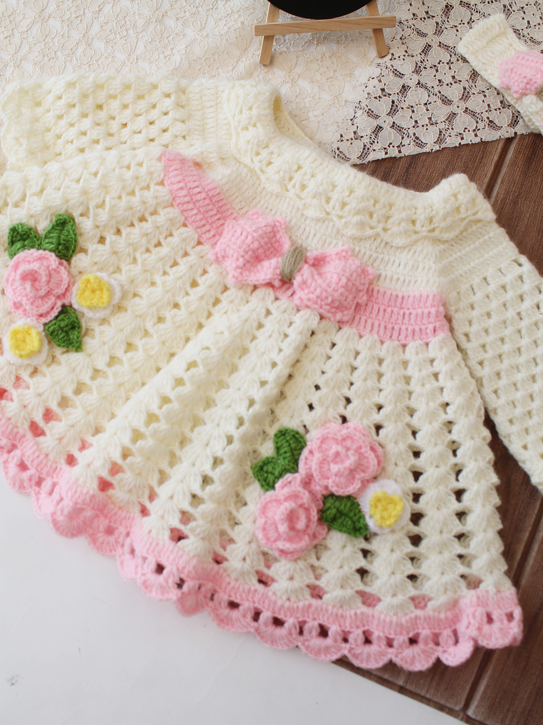 Woonie Crochet Floral Applique & Bow Detailed Frock with Matching Headband - Cream