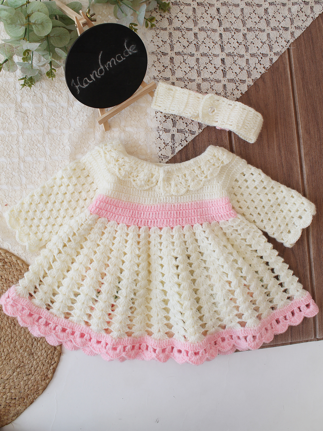 Woonie Crochet Floral Applique & Bow Detailed Frock with Matching Headband - Cream