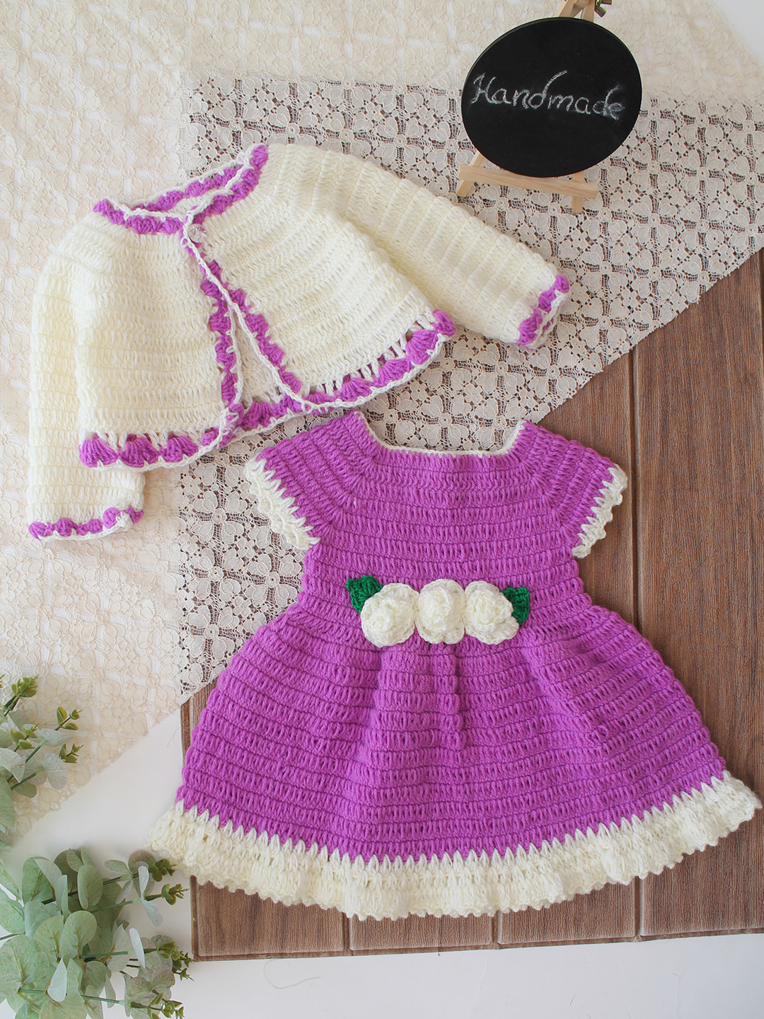 Woonie Crochet Floral Applique Frock with Matching Shrug - Purple