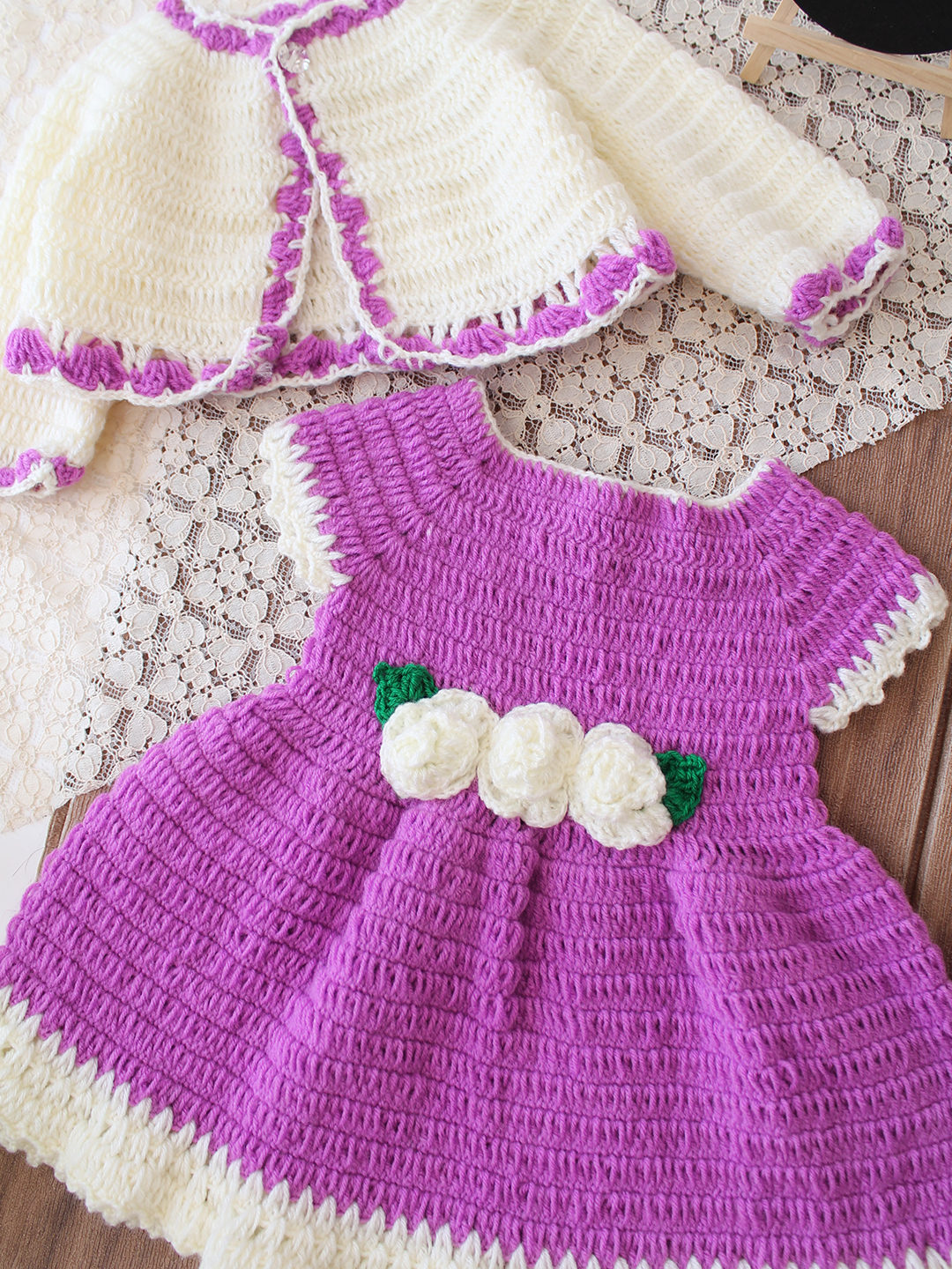 Woonie Crochet Floral Applique Frock with Matching Shrug - Purple