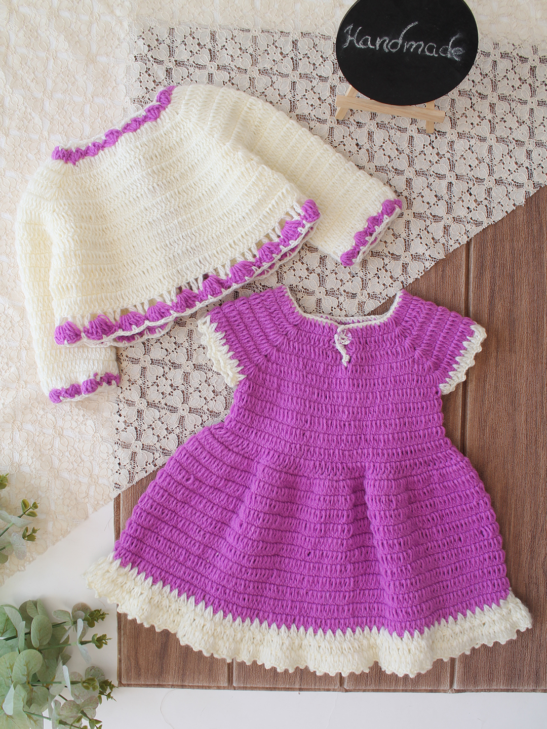 Woonie Crochet Floral Applique Frock with Matching Shrug - Purple