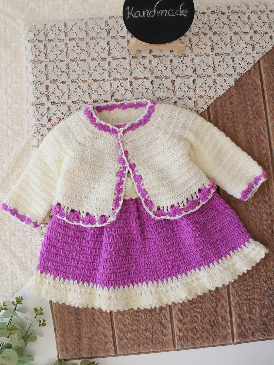 Woonie Crochet Floral Applique Frock with Matching Shrug - Purple