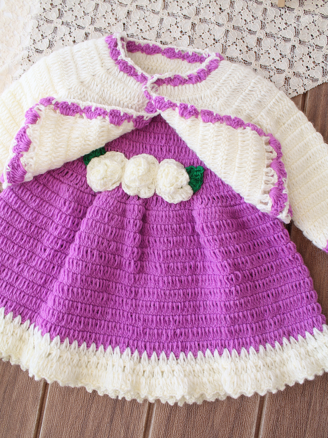 Woonie Crochet Floral Applique Frock with Matching Shrug - Purple