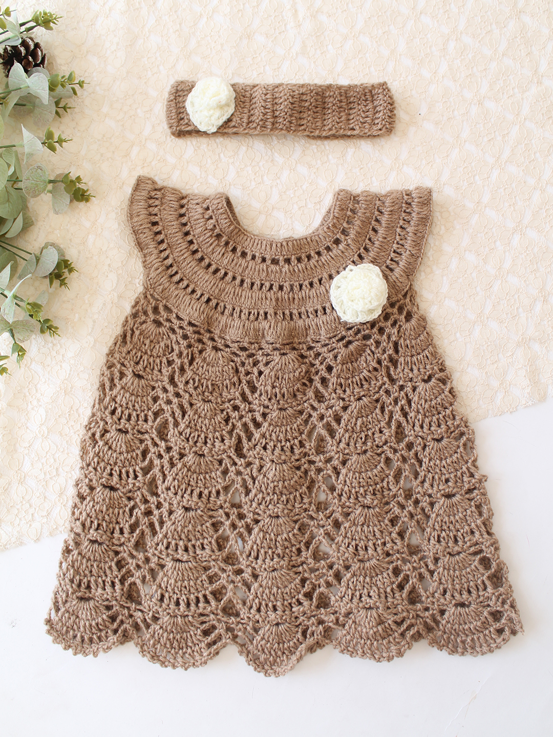 Woonie Crochet Floral Applique Frock with Matching Headband - Beige