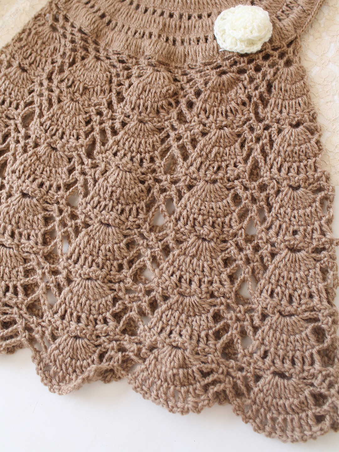 Woonie Crochet Floral Applique Frock with Matching Headband - Beige