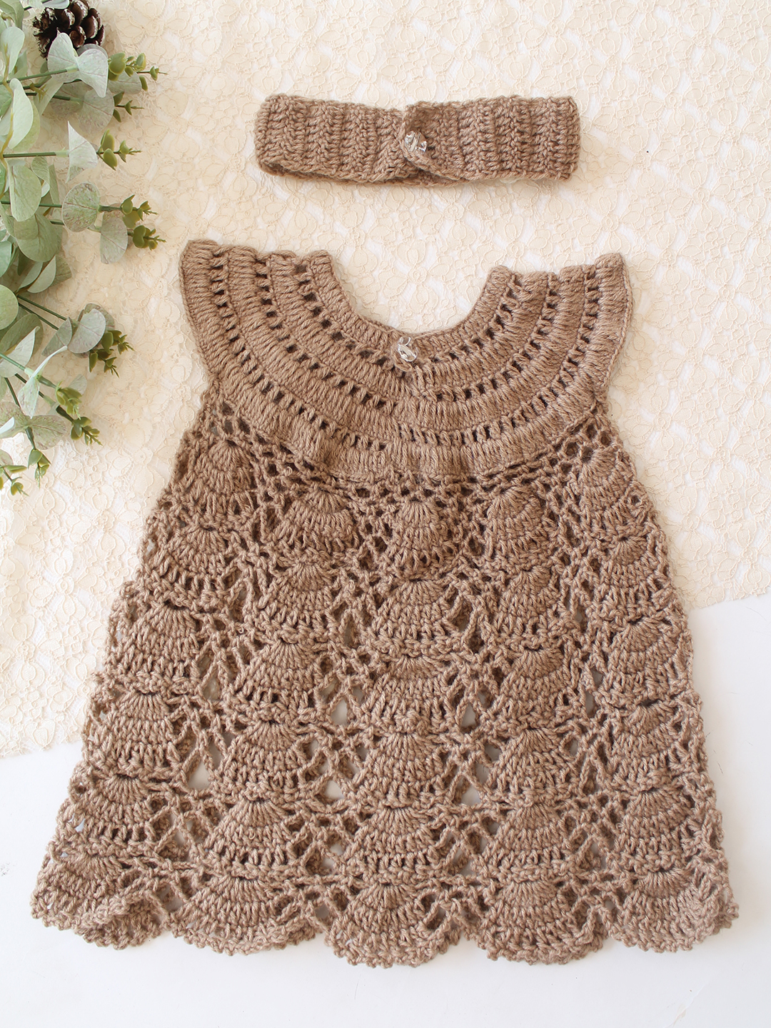 Woonie Crochet Floral Applique Frock with Matching Headband - Beige
