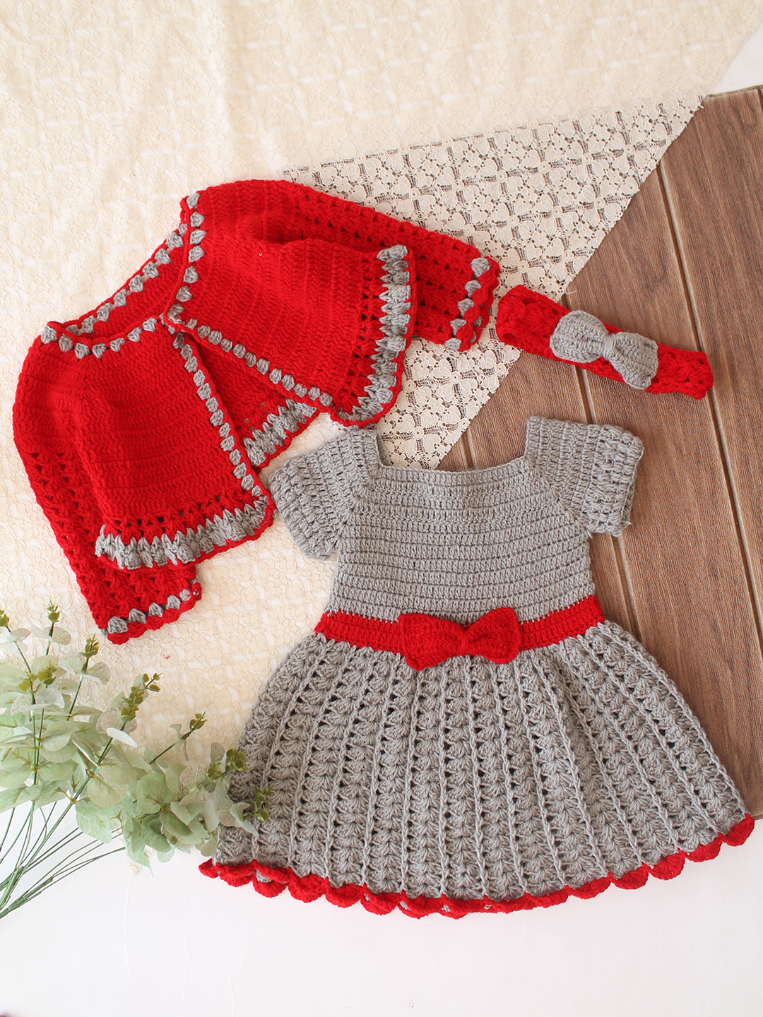 Woonie Crochet Bow Detailed Frock with Matching Shrug and Headband - Light Grey