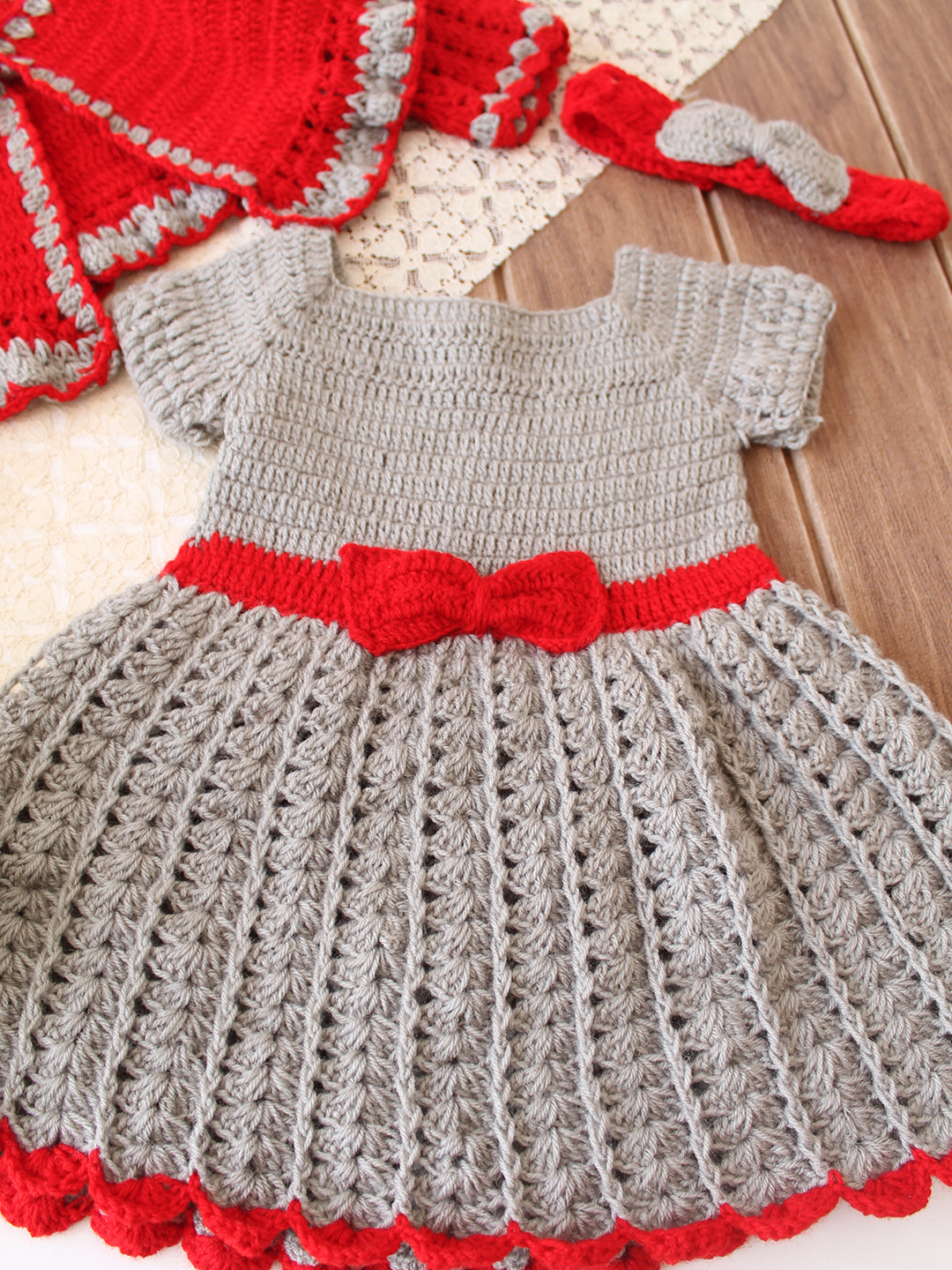 Woonie Crochet Bow Detailed Frock with Matching Shrug and Headband - Light Grey