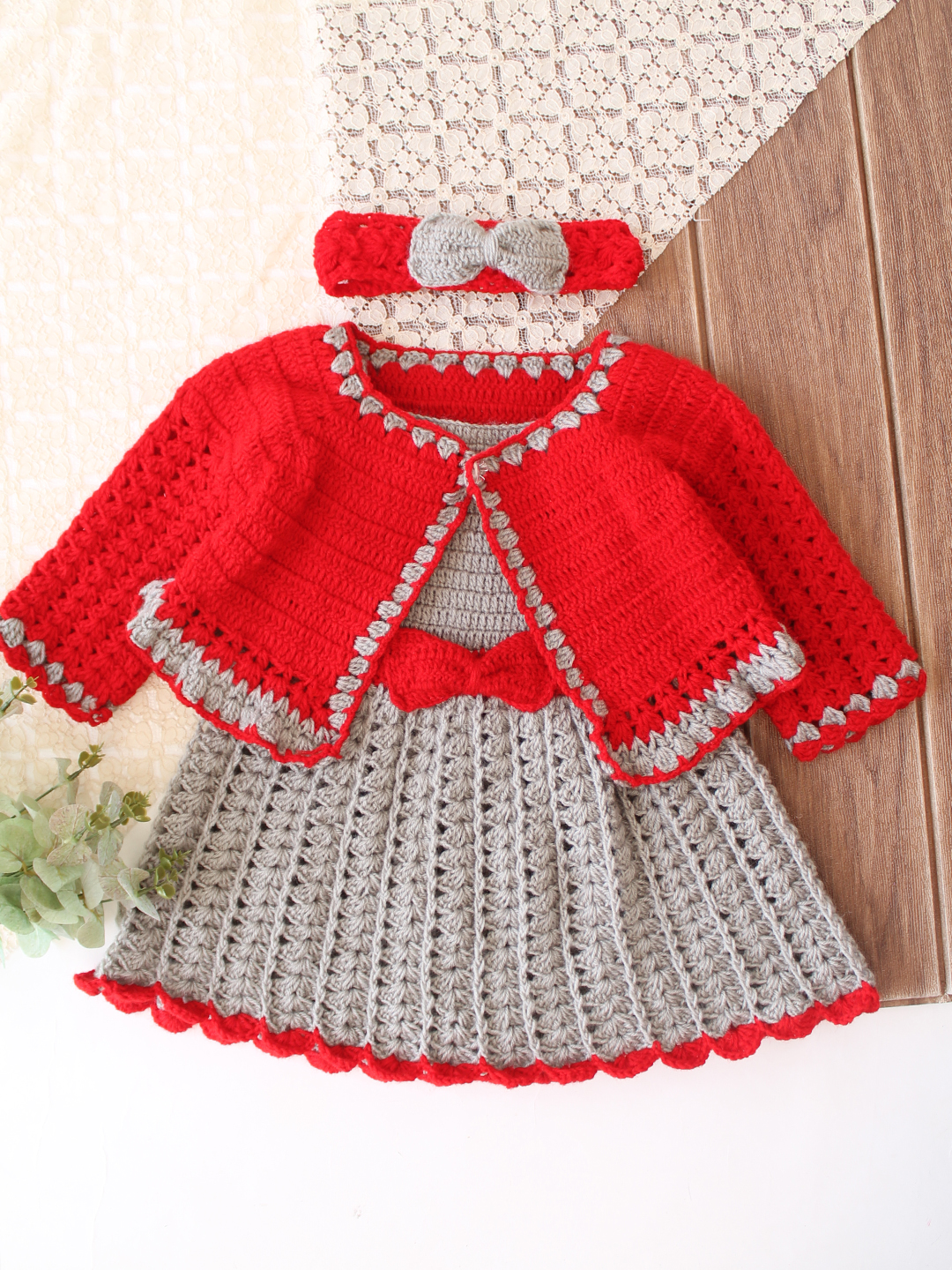 Woonie Crochet Bow Detailed Frock with Matching Shrug and Headband - Light Grey