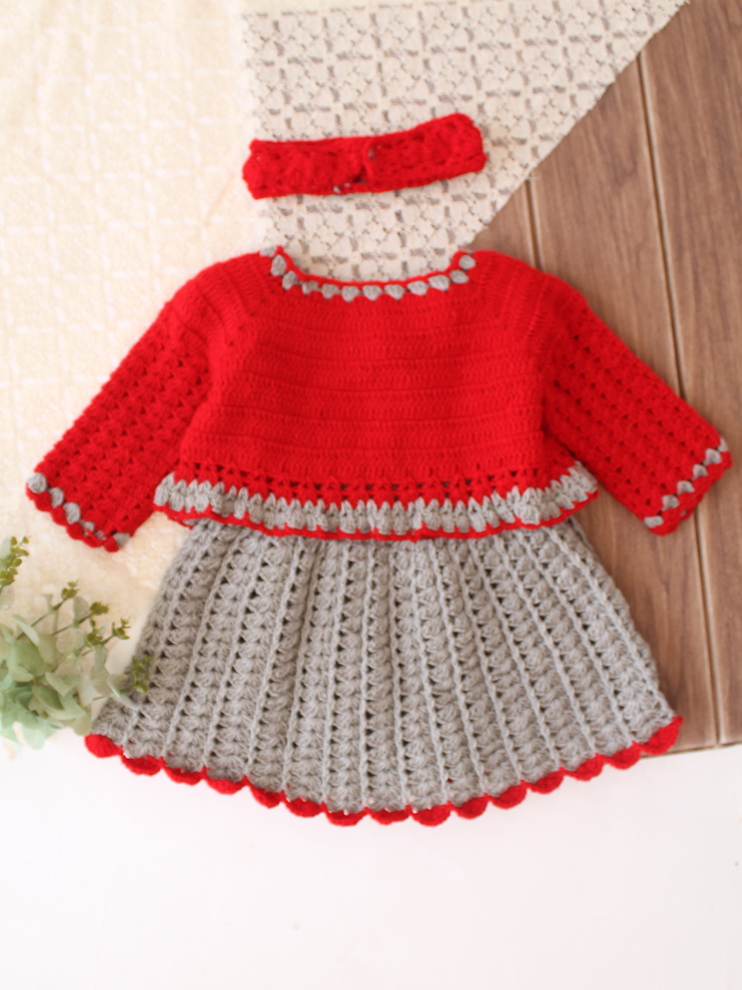Woonie Crochet Bow Detailed Frock with Matching Shrug and Headband - Light Grey