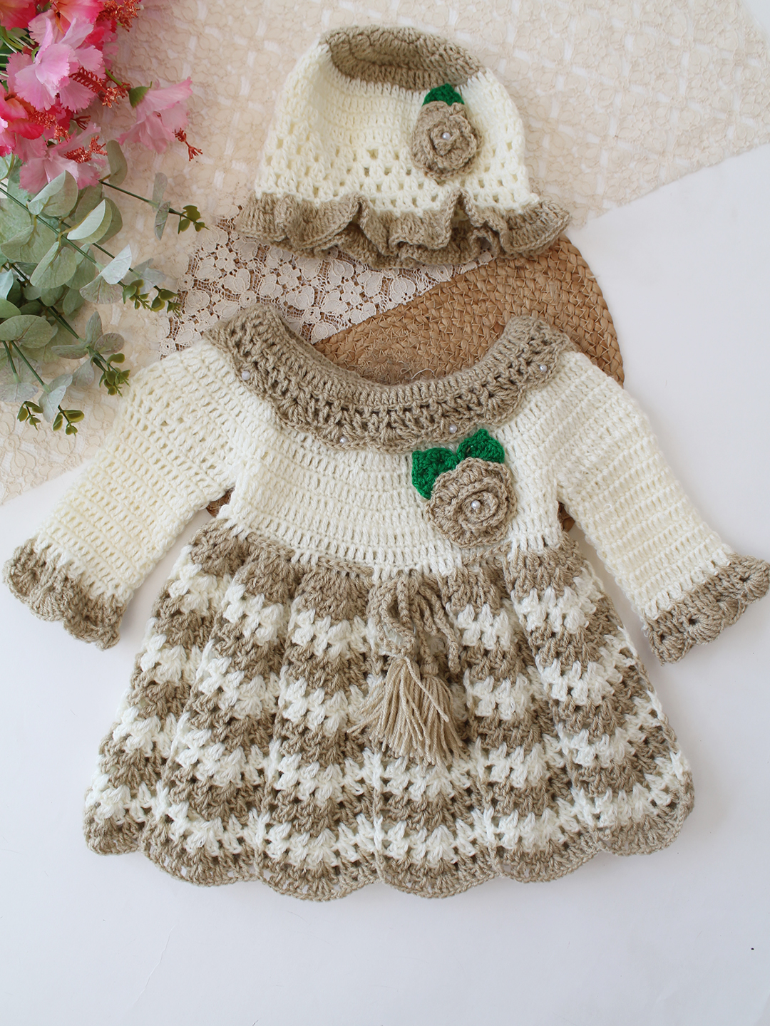 Woonie Crochet Full Sleeves Frock with Matching Cap - Beige