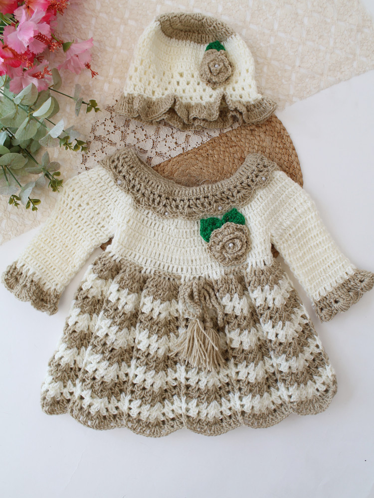 Image of Woonie Crochet Full Sleeves Frock with Matching Cap - Beige