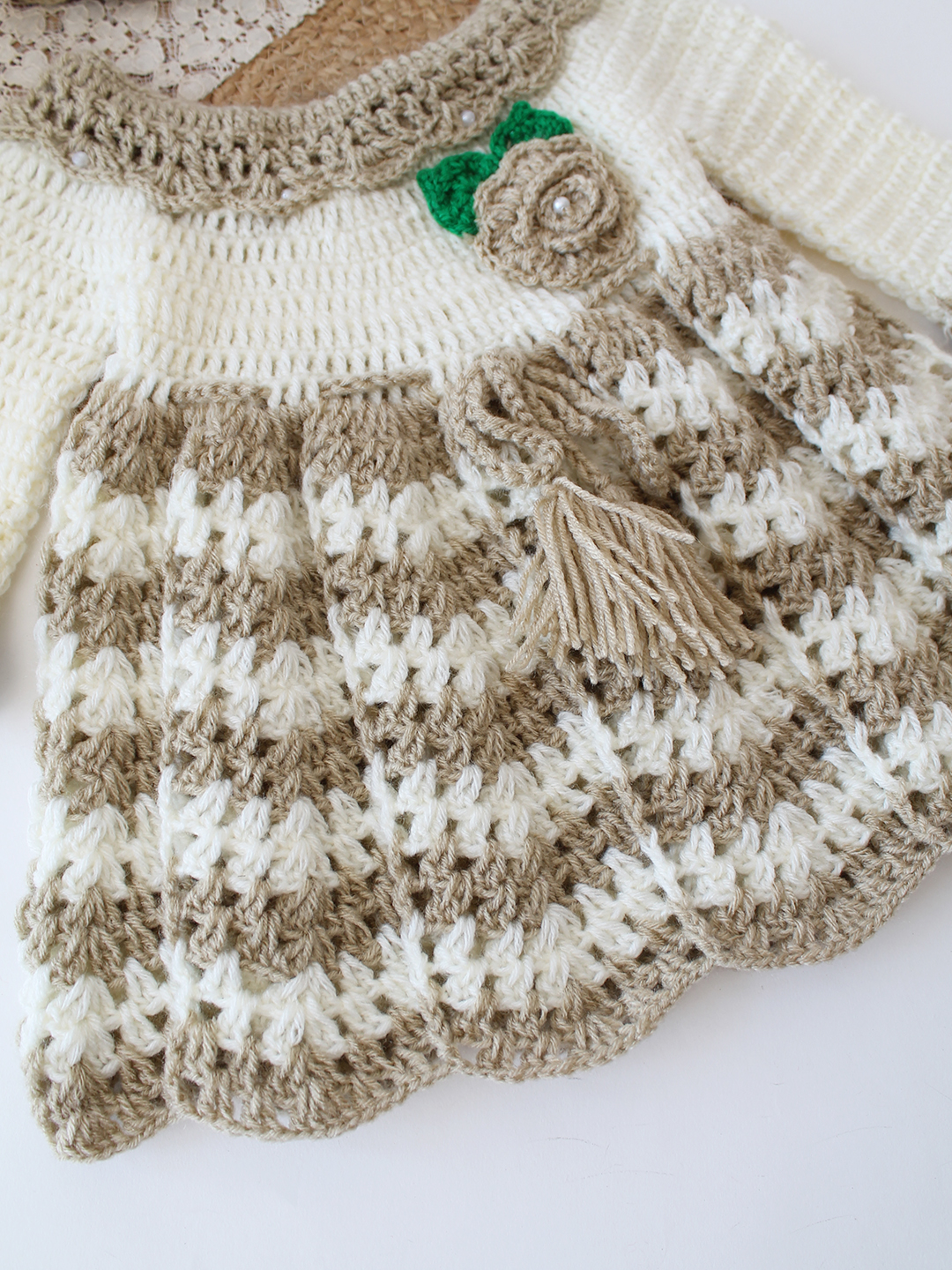 Woonie Crochet Full Sleeves Frock with Matching Cap - Beige