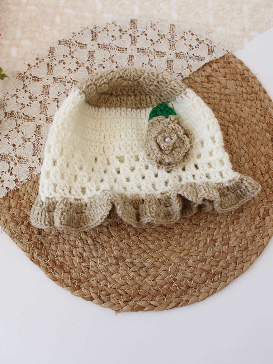 Woonie Crochet Full Sleeves Frock with Matching Cap - Beige