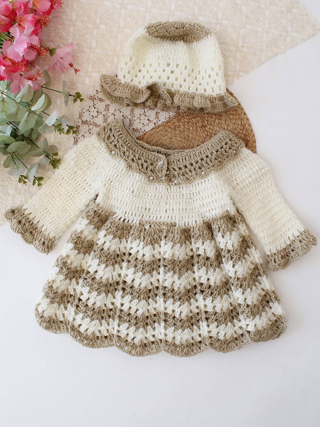 Woonie Crochet Full Sleeves Frock with Matching Cap - Beige