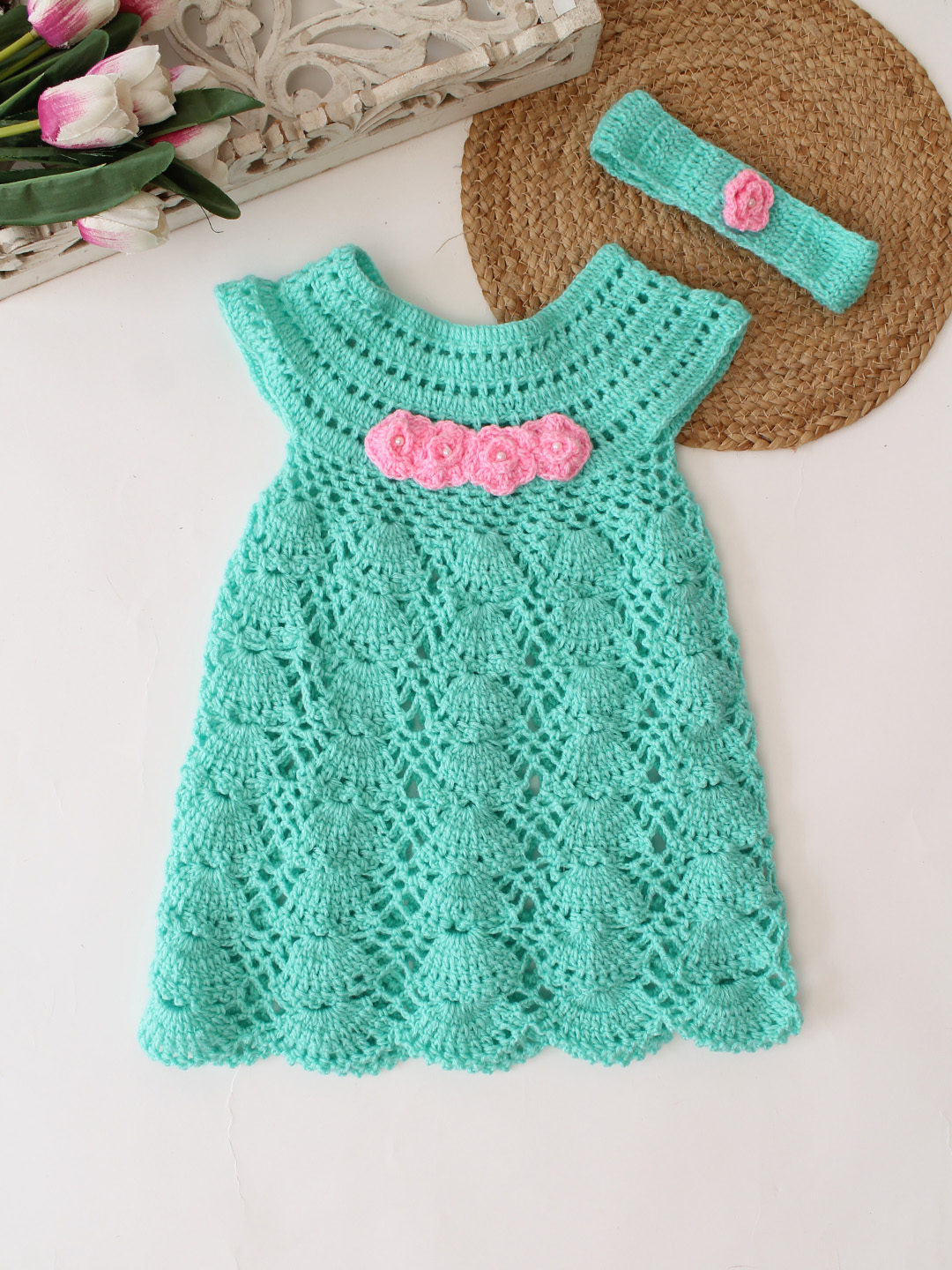 Woonie Crochet Floral Applique Frock with Matching Headband - Green