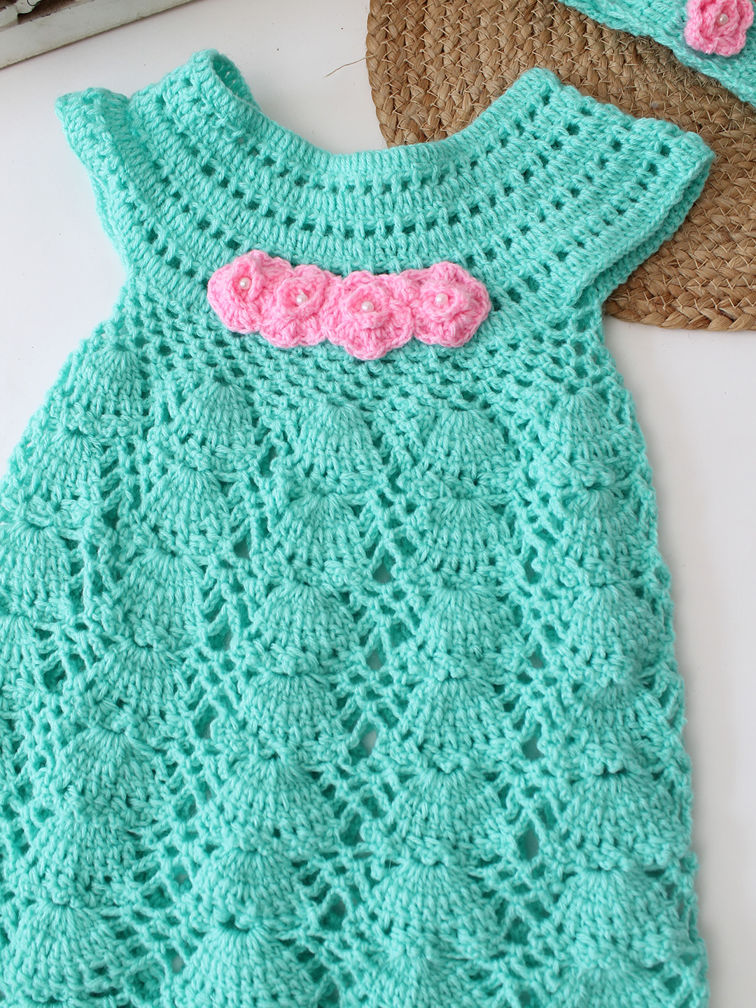 Woonie Crochet Floral Applique Frock with Matching Headband - Green