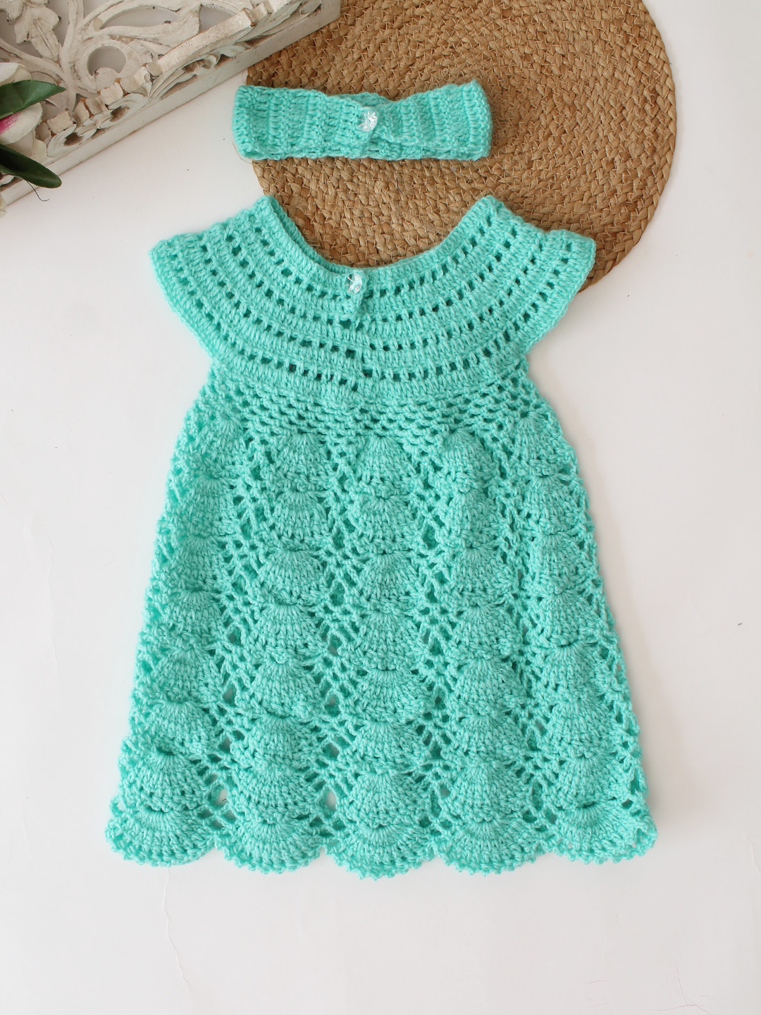Woonie Crochet Floral Applique Frock with Matching Headband - Green