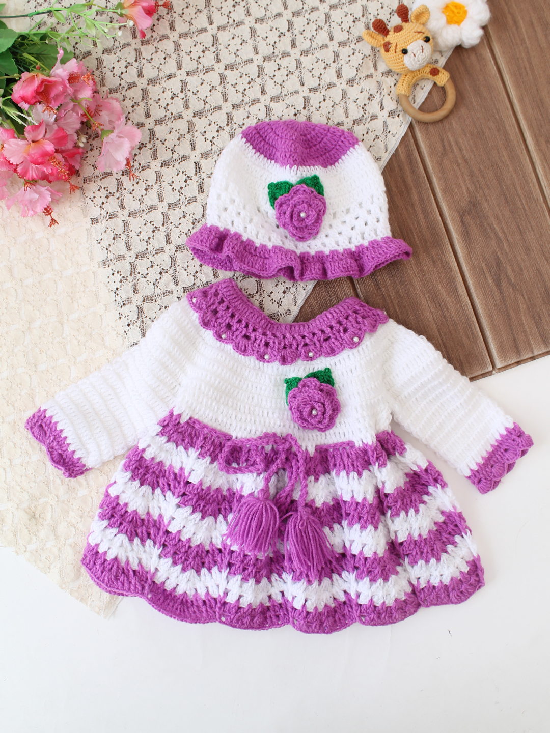 Handmade Crochet Newborn Baby Dress Soft Wool Winter Frock