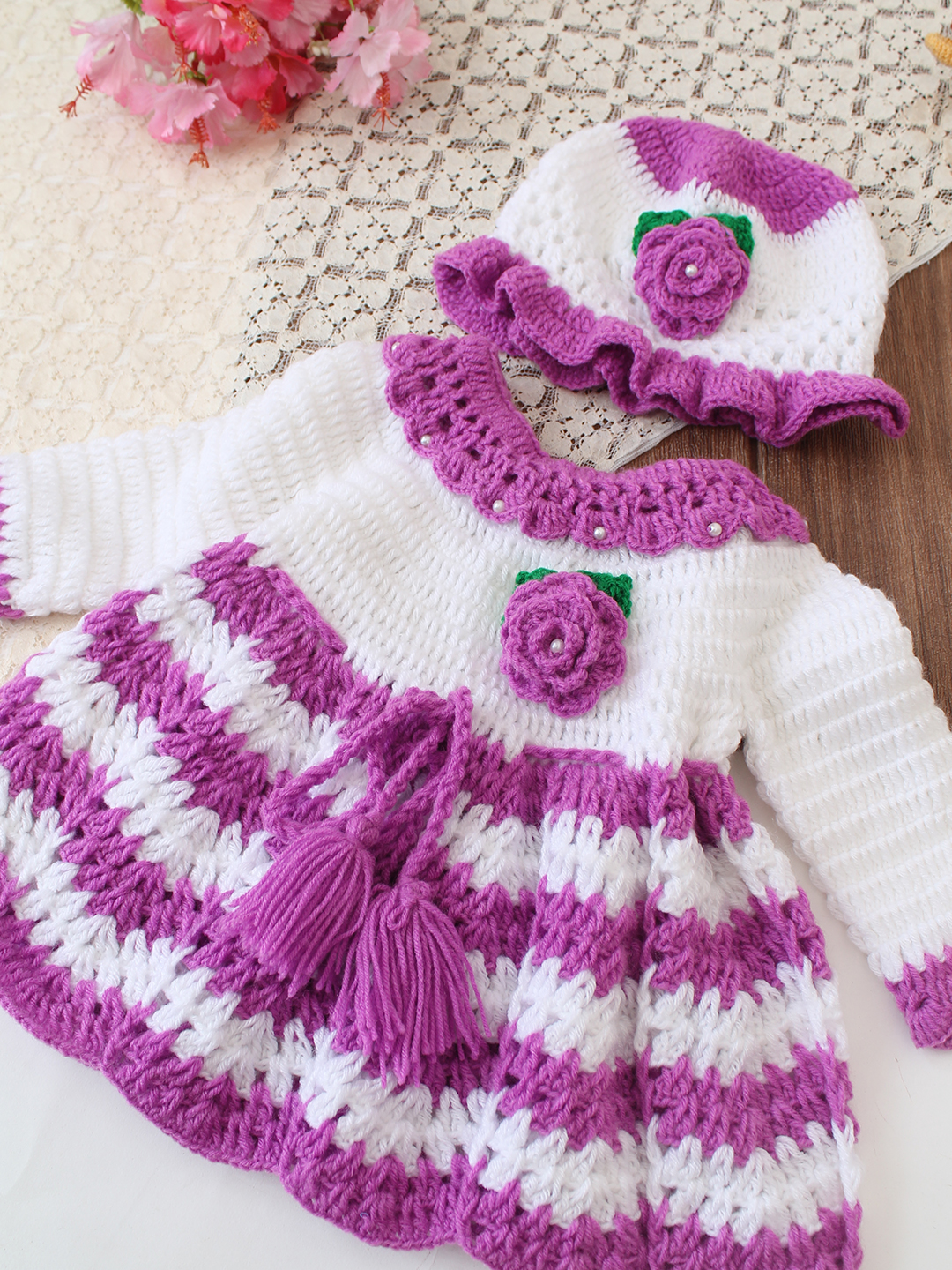 Handmade Crochet Newborn Baby Dress  Soft Wool Winter Frock